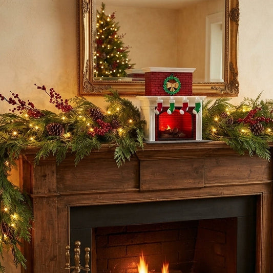 A decorated Christmas fireplace scene with green garlands, red berries, warm white string lights, a mirror, a small red gift box, a white candle holder with red ornaments, a basket of logs, and a lit fire in the fireplace.