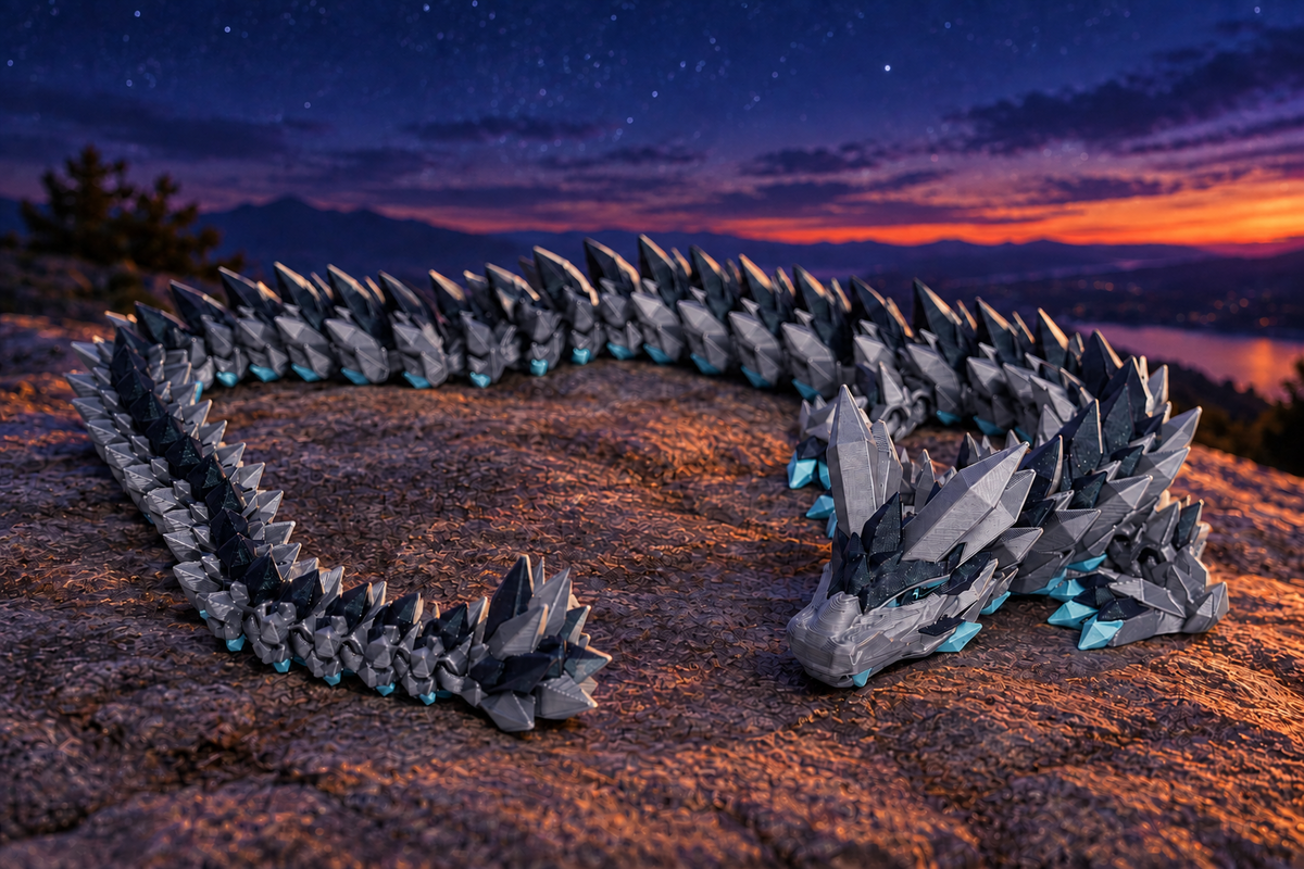 A low-poly dragon figurine posed coiled on a rocky surface with a dramatic sunset sky and mountain landscape in the background.