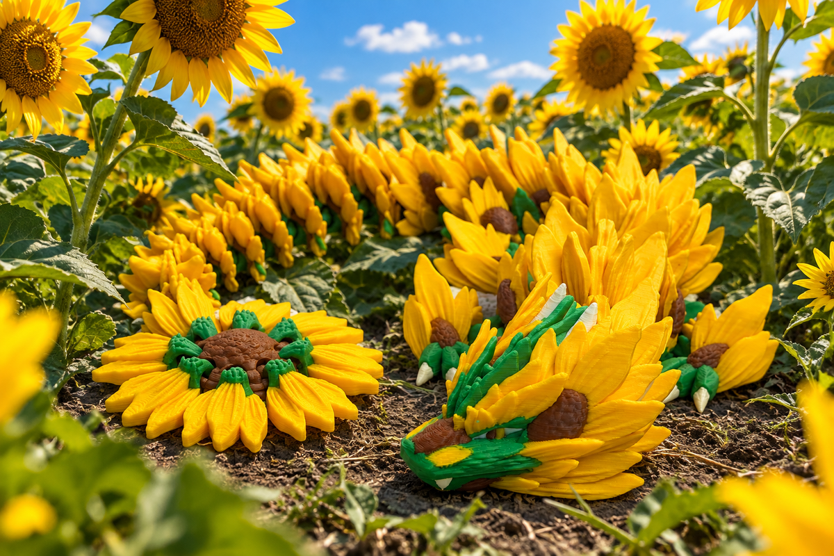 A dense field of bright yellow sunflowers  with green stems and leaves lies a sleeping sunflower Dragon under a blue sky with scattered clouds.
